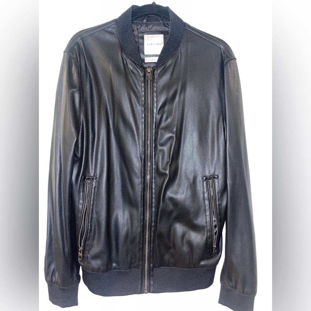 Zara Men’s Black Faux Leather Bomber Jacket